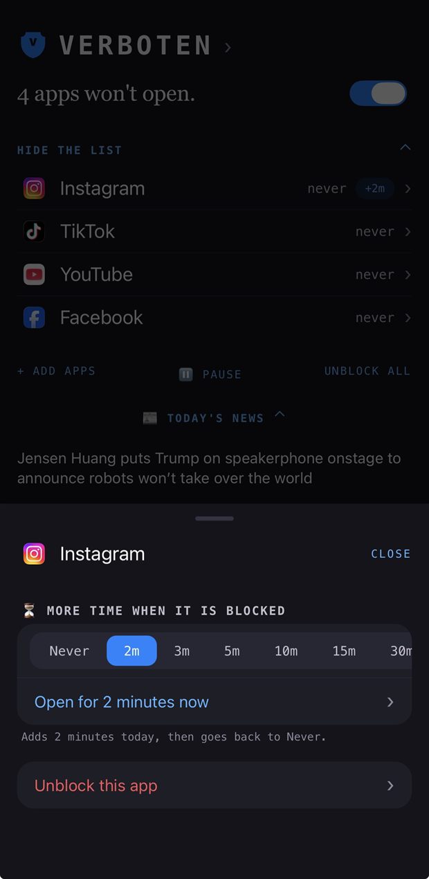 Granting two minutes to a blocked app