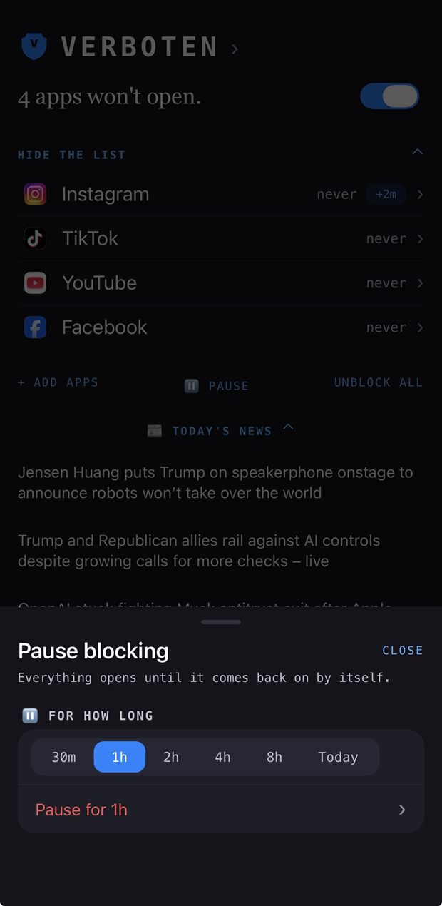 Pausing blocking for one hour