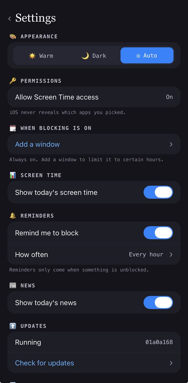 Settings: appearance, permissions, windows, reminders